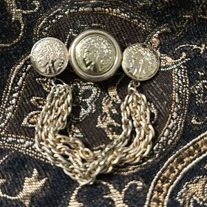 Vintage Brooch Republique Francaise Coins Dangle Chains Goldtone 3" x 3.5"